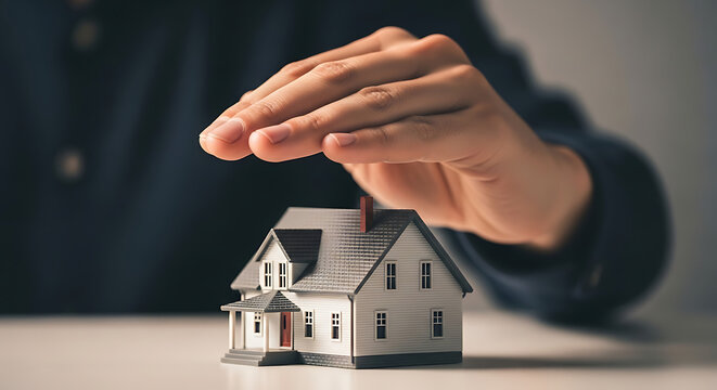 Human hand sheltering a miniature residential home model representing real estate asset protection, property security, financial safety, and homeowner insurance coverage concept