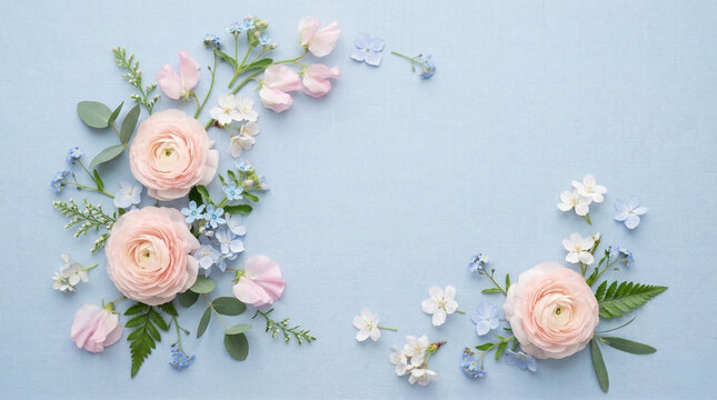 Elegant floral wreath or half-circle frame made of soft pink roses and delicate greenery arranged on a solid pastel blue background.