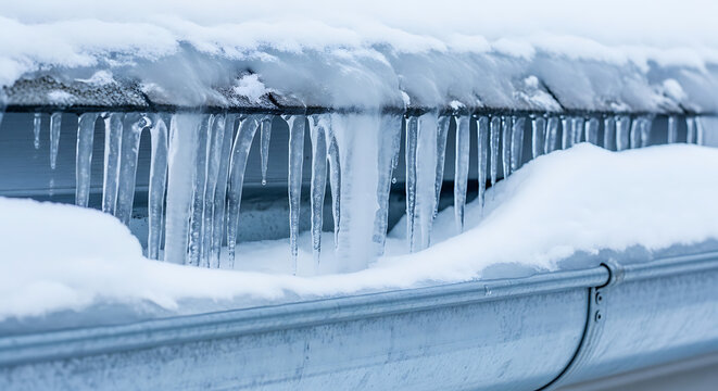 Thick layers of pristine winter snow and frozen crystal icicle formations hanging from a house gutter along the roofline during a deep frost indicating potential ice dam structural hazard.