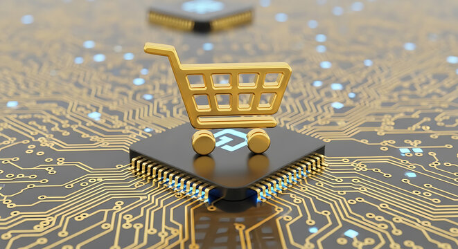 Golden shopping cart icon glowing on a digital circuit board background symbolizing retargeting strategies for ecommerce business and advanced electronic marketing technology systems