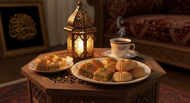 cozy ramadan evening with traditional middle eastern sweets hot coffee and a glowing lantern on an intricately carved wooden table.