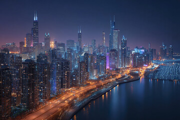 Fototapeta premium Aerial panoramic view of vibrant city skyline at night with illuminated skyscrapers and waterfront reflecting colorful lights, creating lively urban atmosphere