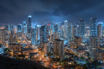 Obraz premium Aerial panoramic view of downtown city skyline at night with illuminated skyscraper buildings and streets glowing under cloudy sky creating vibrant urban atmosphere