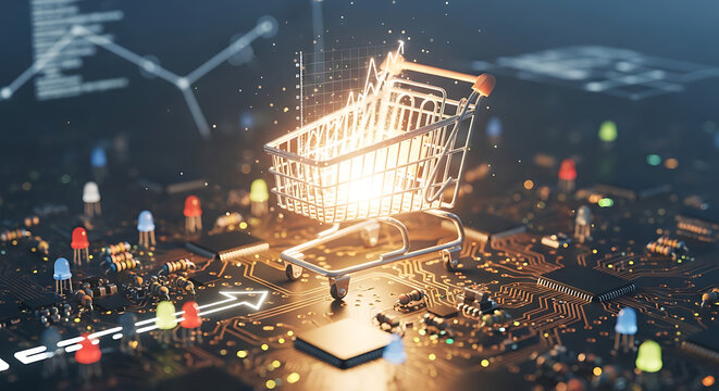 Luminous miniature metal shopping trolley perched atop a complex electronic circuit board, symbolizing digital retail conversion rate optimization and high-tech e-commerce data processing.