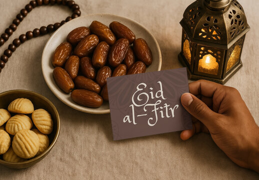 Eid Card Mockup Celebration With Dates Cookies PSD