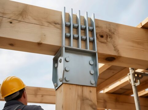 Industrial mass timber construction with heavy glulam beams joined by a heavy-duty steel connector bracket, technical engineering detail of a modern sustainable building project.
