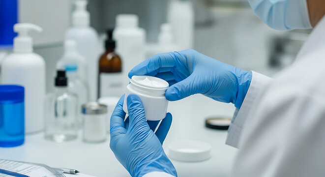 Professional laboratory technician wearing protective blue nitrile gloves carefully extracting white cosmetic cream from glass jar for quality control testing and safety compliance.