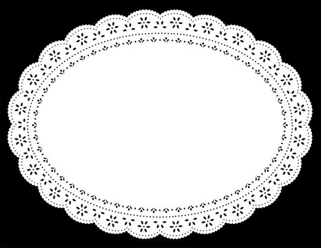 Vintage eyelet lace doily oval place mat and frame, white on black. Copy space for pictures, albums, scrapbooks, holidays, setting table and cake decorating. 