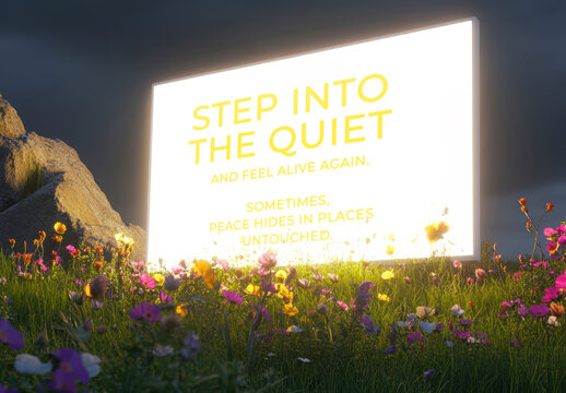 Illuminated Sign Mockup Amidst Wildflowers PSD