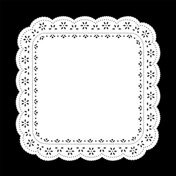 Vintage eyelet lace doily square place mat and frame, white on black. Copy space for pictures, albums, scrapbooks, holidays, setting table and cake decorating. 