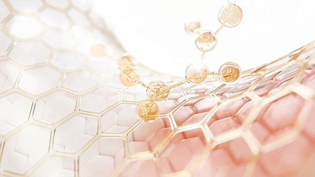 Abstract golden molecular structure on hexagonal surface scientific background for technology innovation research medicine chemistry biology laboratory pharmaceutical healthcare medical science