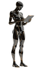 Isolated Humanoid Robot Using Tablet, Futuristic Artificial Intelligence Technology Concept on White Background