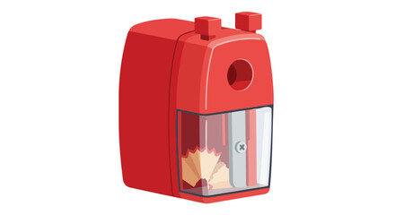 Naklejka premium Vibrant Red Desk Pencil Sharpener with Transparent Debris Compartment Showcasing Wood Shavings Isolated on White Background