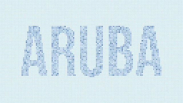 Aruba dotted map animation. Digital style shape of the country. Aruba shape and title dots appear with bulb flickering effect. Intro, outro, logo, title video.