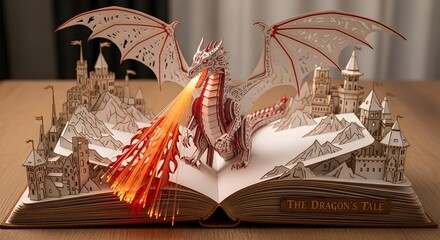 Fantasy pop-up book features a dragon breathing fire amidst castles and mountains, with the title 'The Dragon's Tale'. © Jingga