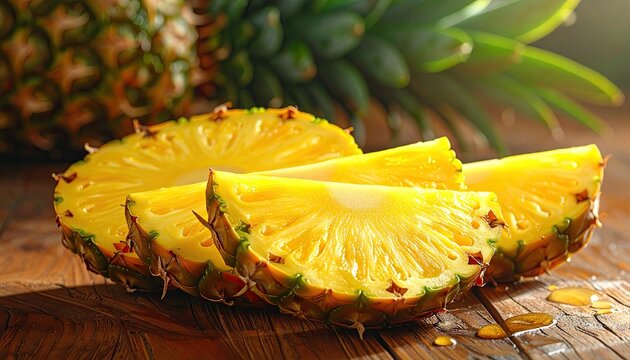 Close-up of sliced pineapple with whole fruit in the background, light