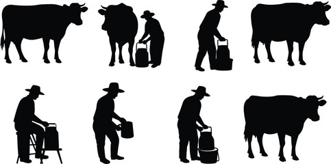 Cow milking silhouettes, dairy farming, rural agriculture, milk production, farmer with cow, bucket, traditional method, livestock care, countryside life – flat vector illustration © TOP-designer