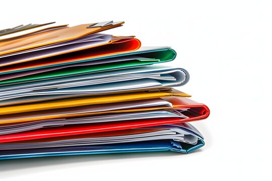 Stack of colorful document folders and binders isolated on clean background with copy space. Concept of office paperwork, file organization, archive storage and business administration.
