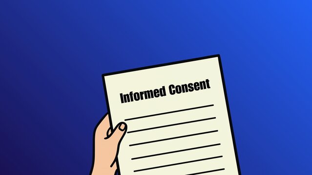 A cartoon‑style illustration of a hand holding an informed‑consent document, highlighting ethical approval, patient authorization, and procedural transparency in clinical or research settings.