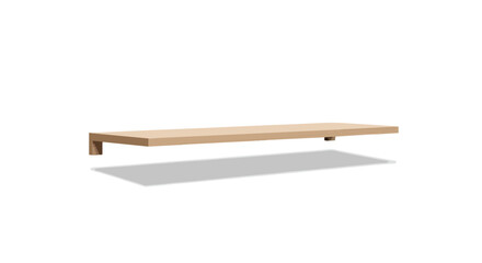 Naklejka premium Minimalist light wood floating shelf casting a subtle shadow against a clean white background showcasing contemporary interior design simplicity