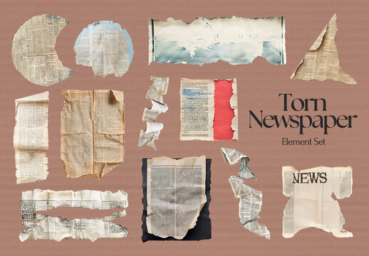 Vintage Torn Newspaper Elements Design Set