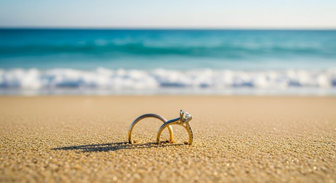 Wedding rings resting on a sandy beach with ocean waves in the background.