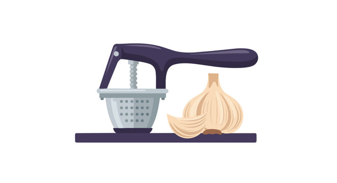A simple graphic illustration showcasing a kitchen tool for mincing garlic alongside a fresh bulb of garlic ready for preparation.