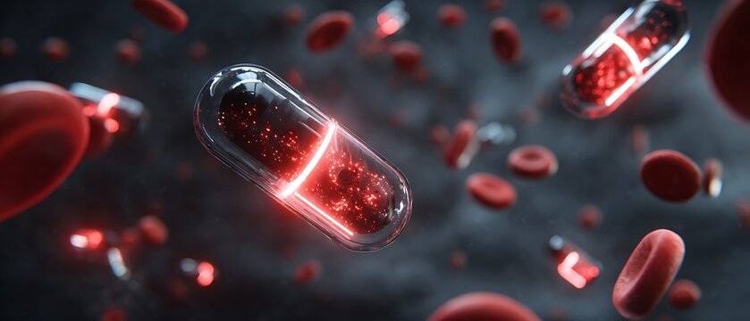 Futuristic nanobot drug delivery system inside bloodstream delivering targeted medicine and performing precision nanomedicine therapy in a microscopic biological environment.