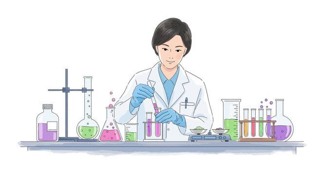 Scientist in lab coat examining test tubes with various colored liquids on workbench