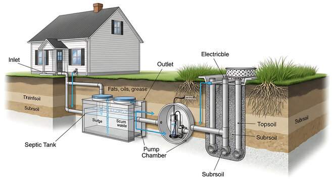 Detailed 3D cutaway illustration showing residential septic tank installation system including underground pipe, inlet, outlet, drainage field, sewage container, and domestic plumbing infrastructure