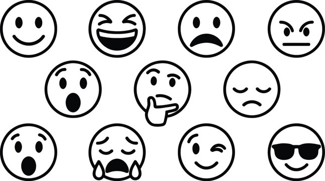 Set of 10 black line emojis vector