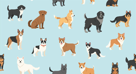 Obraz premium A lively seamless pattern features various dog breeds on a light blue backdrop.