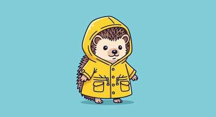 A cute cartoon hedgehog happily wears a bright yellow raincoat.