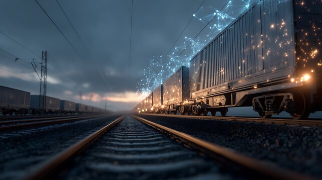 cross-border rail cargo finance blockchain network, glowing payment streams along freight rail routes