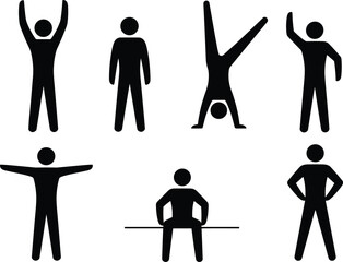 stick figure human poses icon set standing sitting waving handstand exercise pictogram flat vector illustration isolated collection