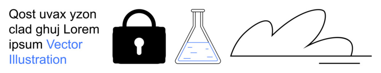 Data security, scientific research, cloud computing, cybersecurity, data storage, laboratory experiments. A lock, science flask and minimalist cloud symbol. Data security and scientific research