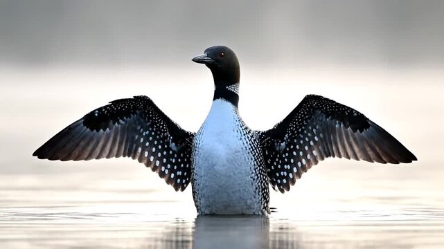 Loon spreads wings in mist.
