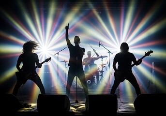 Silhouetted musical performers play energetically on stage under bright, colorful stage lights