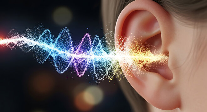 Microscopic view of a human ear anatomical structure featuring glowing digital sound wave frequencies and particles symbolizing an advanced audiology test and auditory perception process.