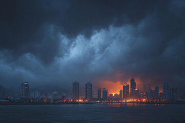 Fototapeta premium Dramatic night city skyline with dark heavy clouds and glowing orange lights reflecting on water, creating moody and cinematic atmosphere