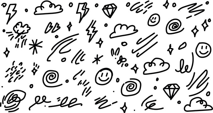 Hand drawn doodles collection various whimsical illustrations of clouds smiley faces lightning bolts and more fun designs