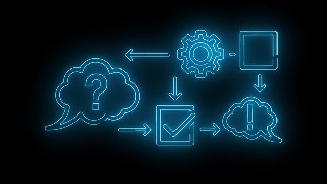 Neon-lit illustration of a workflow process with glowing blue icons on a black background.