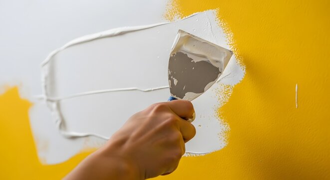 Close-up of a hand using a spatula to apply spackle to a wall.