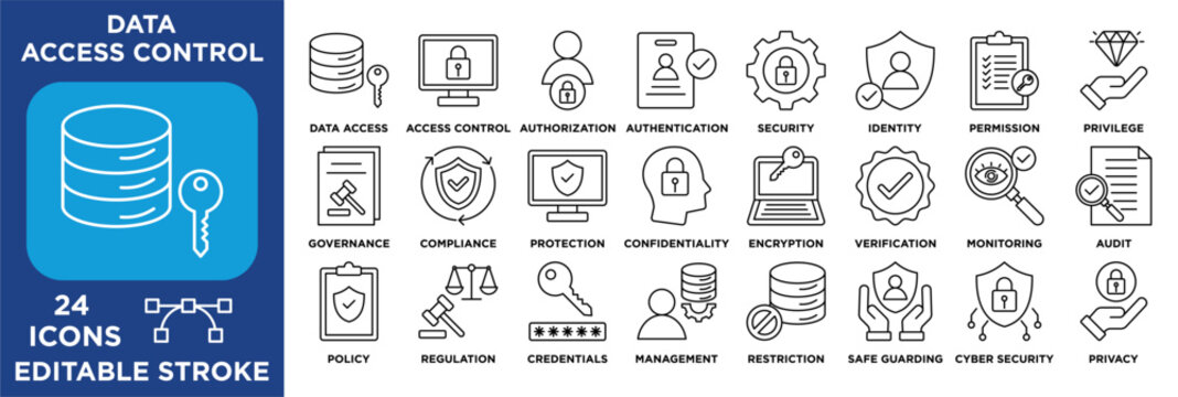 Data access control icon collection set. Containing authorization, authentication, security, identity, permission, privilege. vector line black
