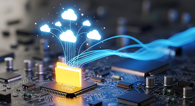 Glowing digital folder and cloud icon on circuit board hardware for data migration and file synchronization technology representing cloud computing storage systems.