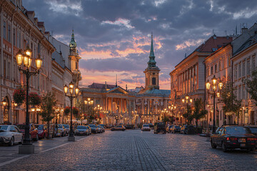 Obraz premium City square at dusk with classic European architecture, cobblestone street, vintage street lamps glowing warmly, and parked cars along sides under dramatic cloudy sky