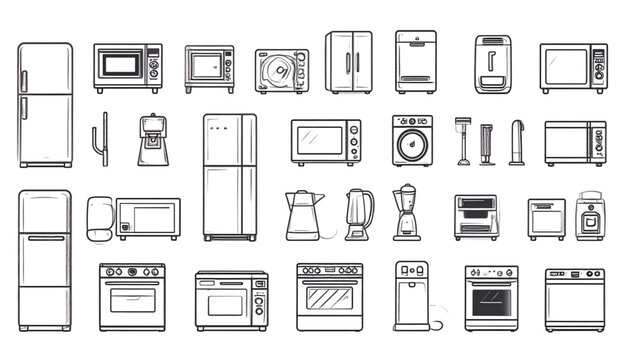 A collection of minimalist line art icons representing various household appliances including a refrigerator, microwave, washing machine, stove, vacuum cleaner, and coffee maker.