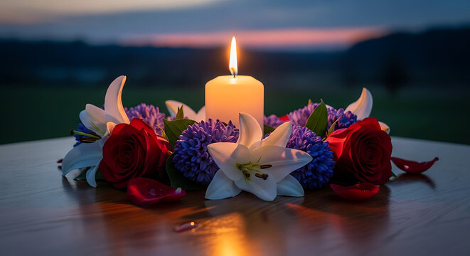 Flickering wax candle flame glowing beside delicate white flowers on rustic dark wood deck during twilight dusk symbolizing emotional grief wrongful death memorial and funeral mourning ritual.