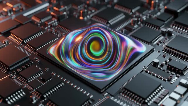 Close-up view of a microchip with a swirling rainbow pattern on a circuit board amidst various electronic components