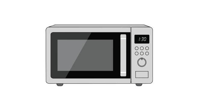 A minimalist illustration of a modern silver microwave oven with a digital display showing 1:30 and various control buttons against a stark white